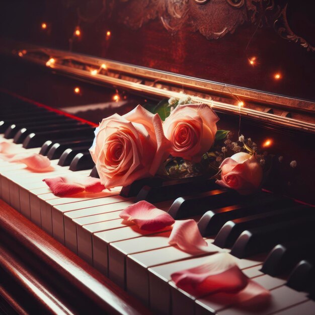 Vintage oude vleugelpiano met roosbloembladeren op toetsen met gloeiende lichten close-up Valentijnsdag