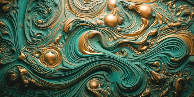 A vintage paint background with swirls of green and gold Generative AI