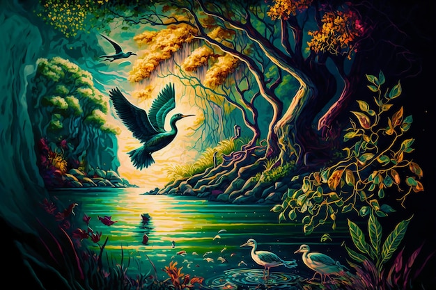 湖の植物と森の風景のビンテージ絵画。