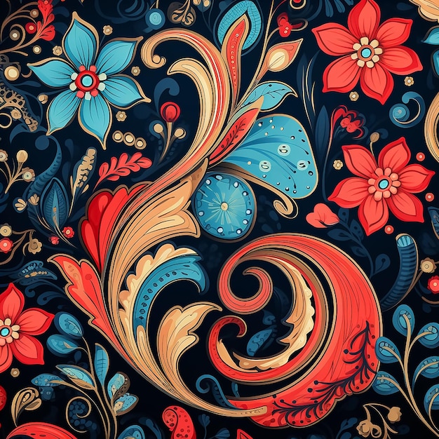 Foto vintage paisley patroon donkerblauwe achtergrond met rode en blauwe accenten