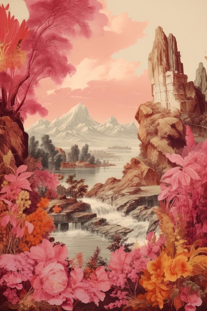 古代の風景の感情的なインパクトのあるレトロなスタイルのビンテージ紙コラージュ