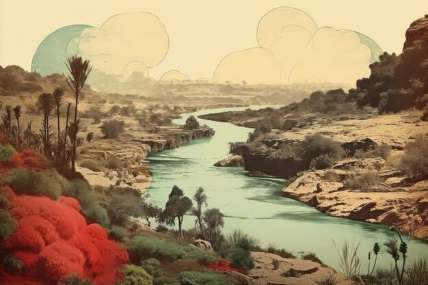 Photo vintage paper collage with ancient landscape emotional impact retro style