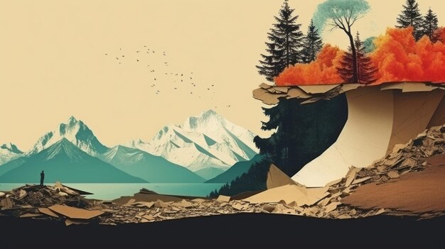 Vintage paper collage with ancient landscape emotional impact retro style