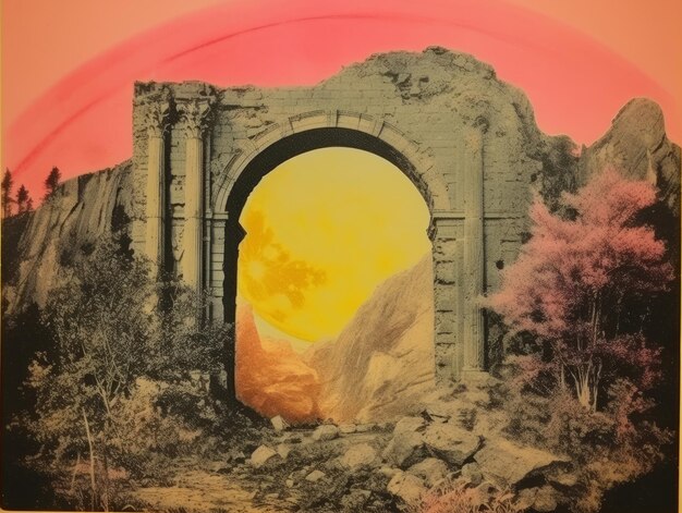 Photo vintage paper collage with ancient landscape neon emotional impact retro style