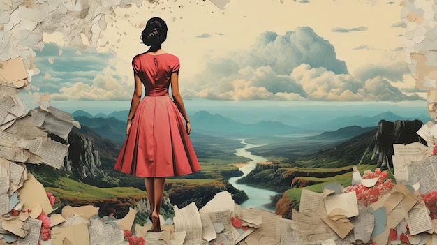 Vintage paper collage with landscape and model emotional Impact retro style