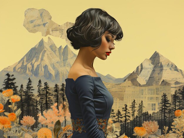 Photo vintage paper collage with landscape and model emotional impact retro style