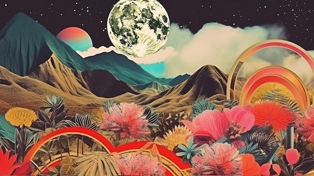 Винтажный бумажный коллаж с пейзажем с неоновым эмоциональным воздействием в стиле ретро
