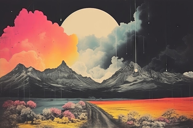 Vintage paper collage with landscape with neon emotional Impact retro style