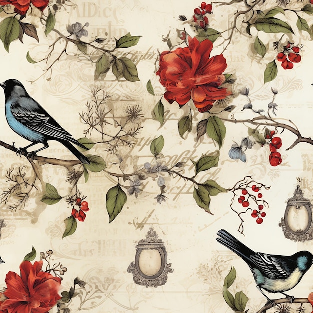 vintage paper pattern with birds on a branch