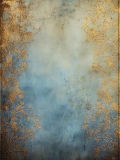 Photo vintage paper with blue antique damask pattern with gold accents backdrops wall paper