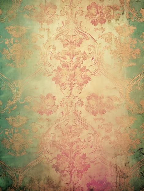 Photo vintage paper with pink and green antique damask pattern with gold accents backdrops wall