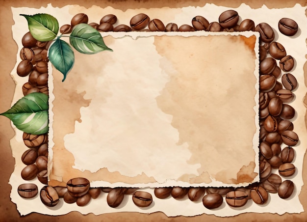 写真 水彩のコーヒー豆と葉のレトロな雰囲気のビンテージ紙