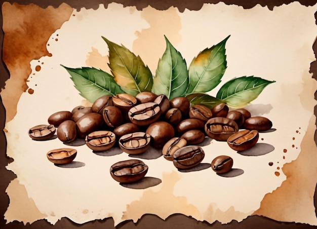 Photo vintage paper with watercolor coffee beans and leaves retro vibe