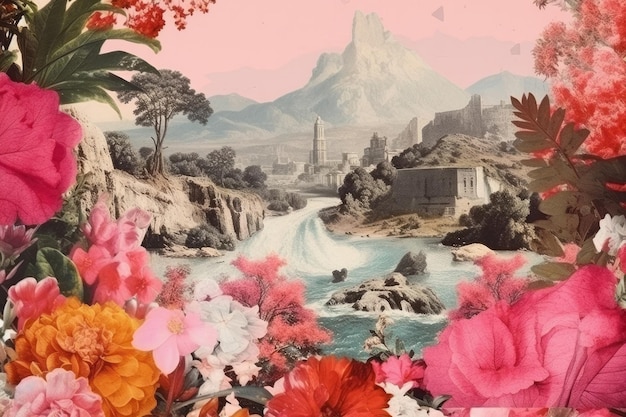 Vintage papier collage met oude landschap emotionele impact retro-stijl