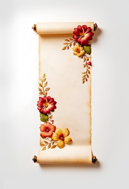 Photo vintage parchment banner scroll with flowers on white background