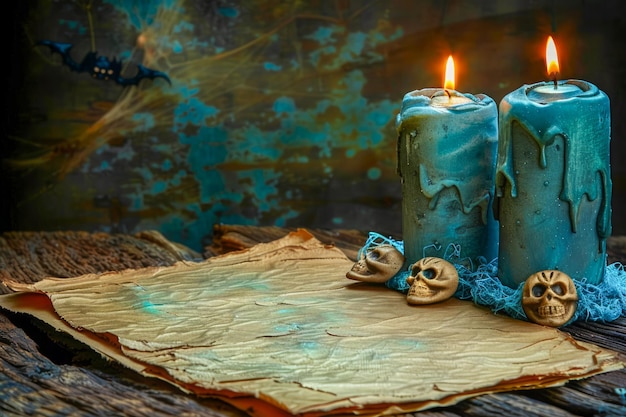 Photo vintage parchment paper with melted wax candles and miniature skulls on rustic wooden table