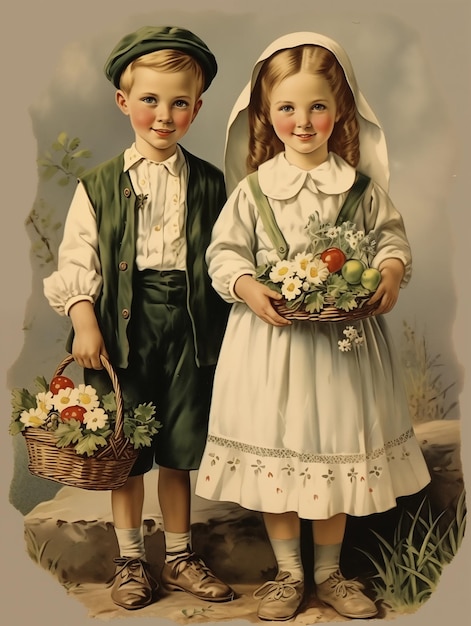 Vintage Pasenkaart 19101930 Leuke kinderen met Pasen accessoires Gelukkige Pasen Hoge resolutie