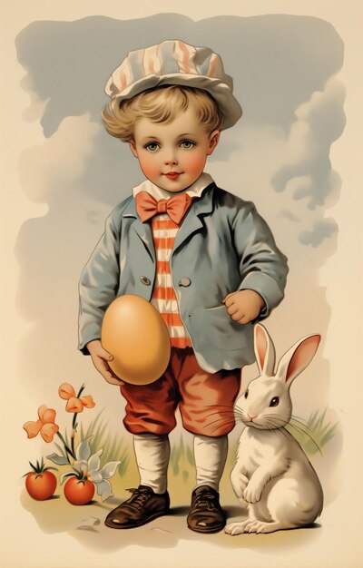 Vintage Pasenkaart van 19301940 Leuke kleine jongen in zijn Pasen outfit Gelukkige Pasen Hoge resolutie