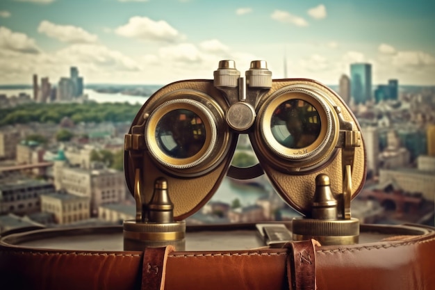 Photo vintage payperview binoculars overlooking a cityscape created with generative ai