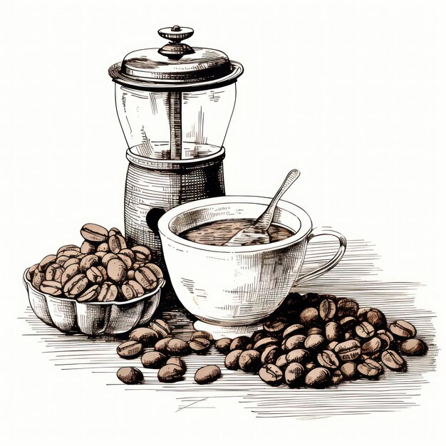 Photo vintage pen ink coffee beans drawing on white background