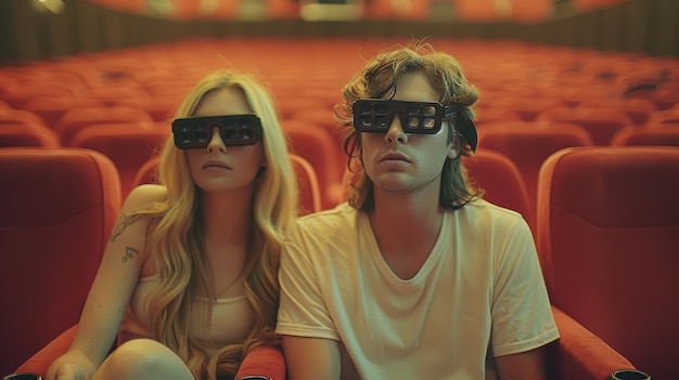 vintage people watching movie in the cinema wearing 3d black lens glasses