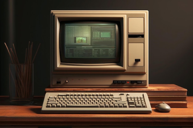 Фото Винтажный персональный компьютер на рабочем столе в близком плане ретро-стиль фона с компьютером из 80-х концепция ностальгии