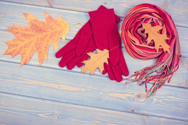 Vintage photo autumnal leaves gloves and shawl for woman clothing for autumn or winter copy space for text