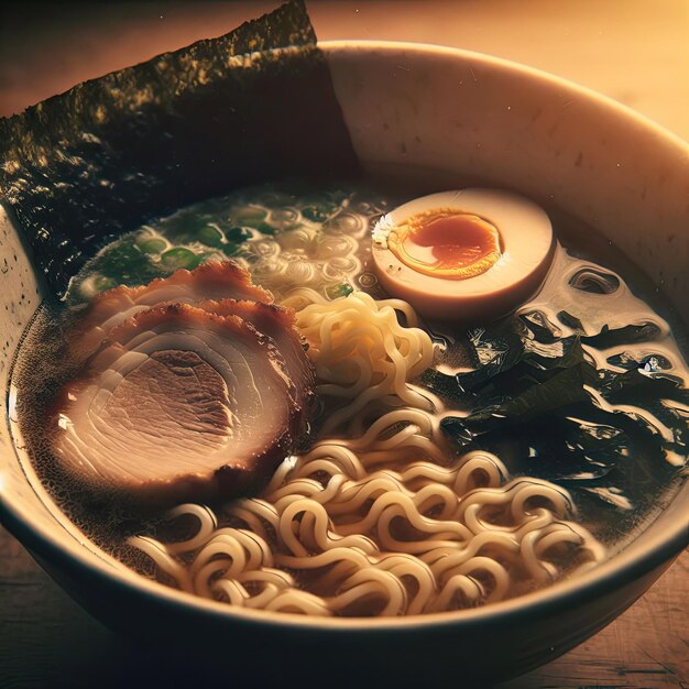 Foto una foto vintage di una ciotola di ramen con un tono sepia e una consistenza granulosa