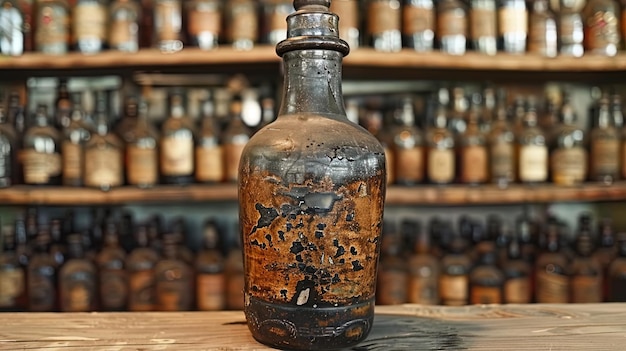 Винтажная фотография с изображением старой антикварной бутылки, демонстрирующей ее старый и выветрившийся внешний вид