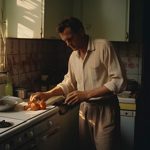 Fotografia vintage di un uomo che cucina negli anni '80, scena quotidiana in stile polaroid vintage