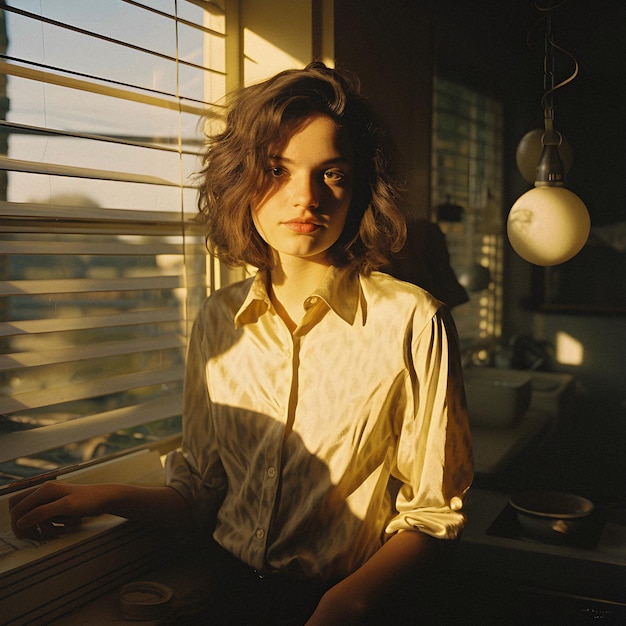 Vintage photograph showing a teenage girl dressed in 1980s fashion an everyday scene sitting in fron