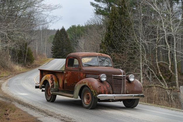 Foto un pick-up vintage su una strada di campagna il fascino rustico e il design pratico del camion lo rendono un cavallo di battaglia affidabile per la vita rurale