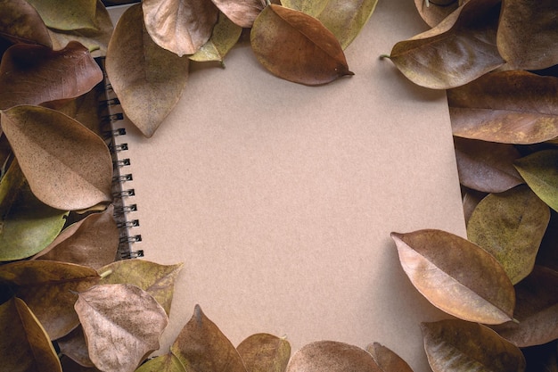 Tono dell'immagine vintage dello sfondo autunnale le foglie autunnali cadute e il taccuino sul tavolo da giardino in legno possono essere utilizzati per aggiungere un messaggio di testo o un biglietto di auguri