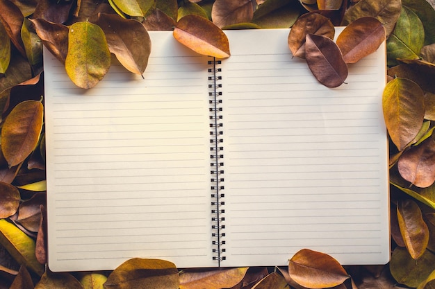 Vintage picture tone of Autumn background The fallen autumn leaves and notebook on wooden garden table can used add text message or greeting card