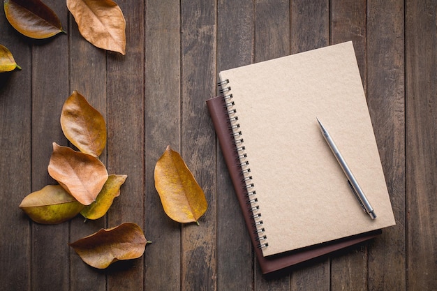 가을 배경의 빈티지 그림 톤 낙엽과 나무 정원 테이블에 있는 노트북은 문자 메시지나 인사말 카드를 추가하는 데 사용할 수 있습니다.