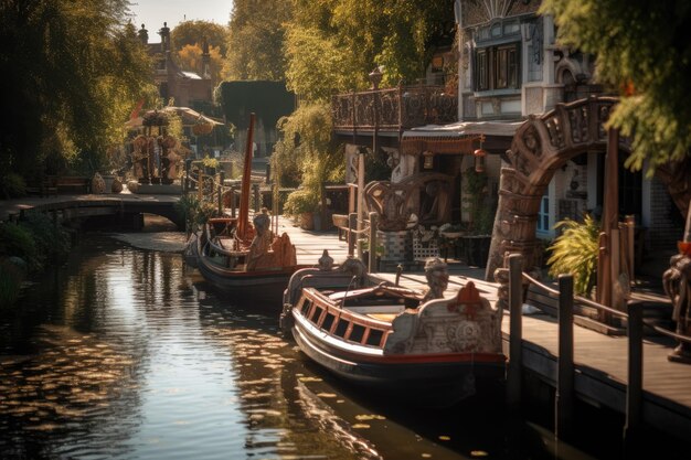 Vintage of pier with wooden boats