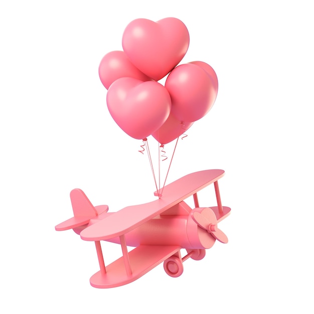 Винтажный розовый самолет с воздушным шаром в виде сердца 3d визуализация иллюстрации