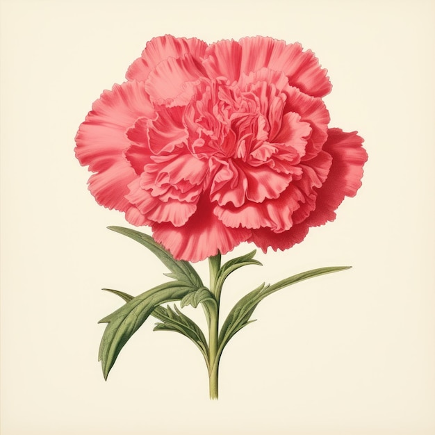 Photo vintage pink carnation with green leaves on a yellow background