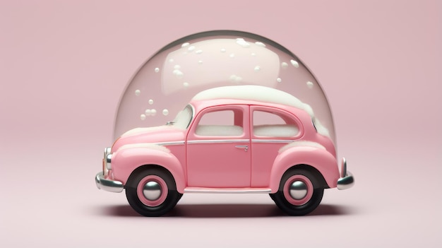 Photo vintage pink toy car in christmas ball with snow festive retro decoration