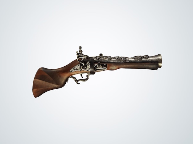 Vintage piraat flintlock pistool op een witte achtergrond.