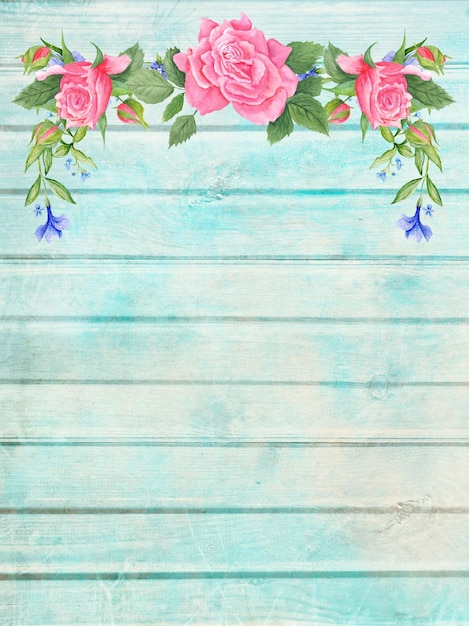 Photo vintage plank texture with watercolor botanical rose wreath