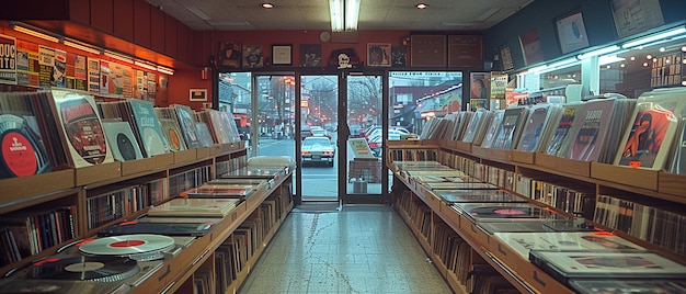 Foto vintage platenwinkel die klassiekers speelt voor muziekliefhebbers.