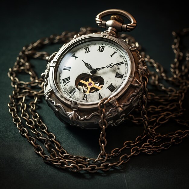 Vintage pocket gold watch with a chain on a dark background An old round clock with a lid on a chain a low key a closeup The concept of time