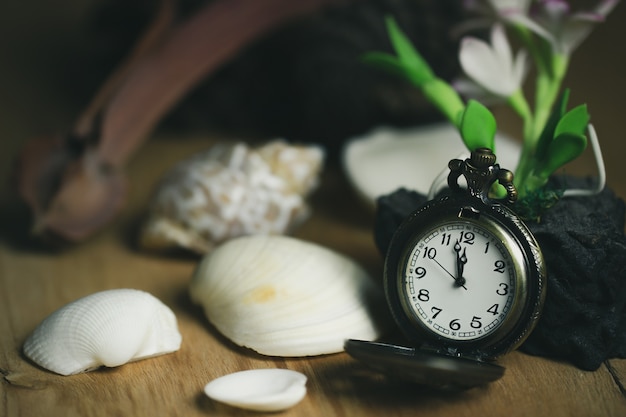 Vintage pocket watch and shell on wood table.