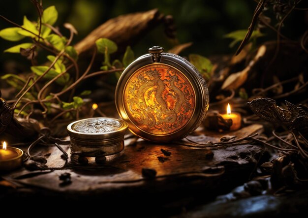 Vintage pocket watch with burning candles on the background of nature