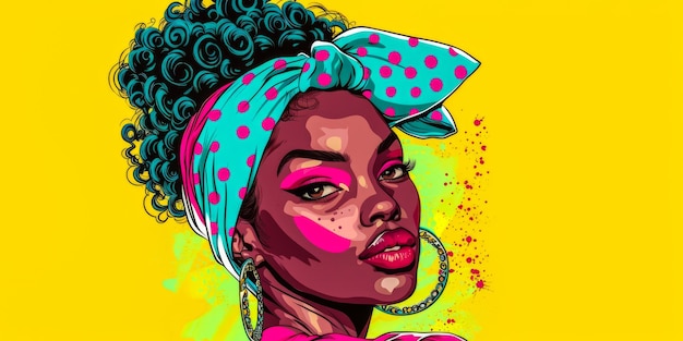 Vintage pop art illustratie van een Afro-Amerikaanse vrouw in levendige kleuren met kopieerruimte voor tekst