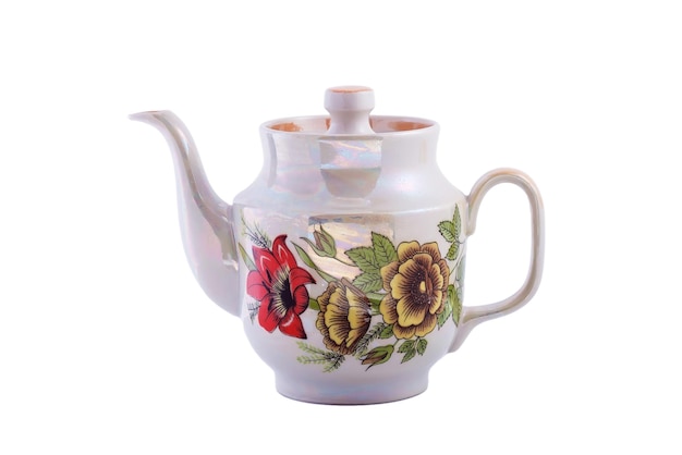 Vintage porcelain white jug with floral pattern isolated on white background. Copy space.