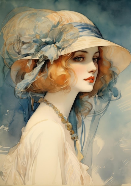 Foto ritratto vintage di una bella donna con un cappello bianco
