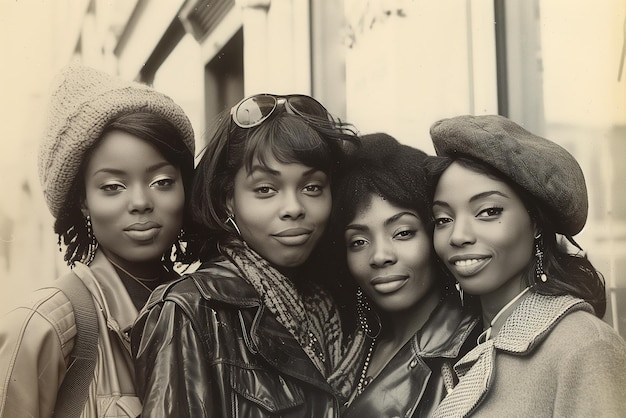 Vintage portrait of four fashion black women on the street in the city Old retro black and white film photography from the 1970s