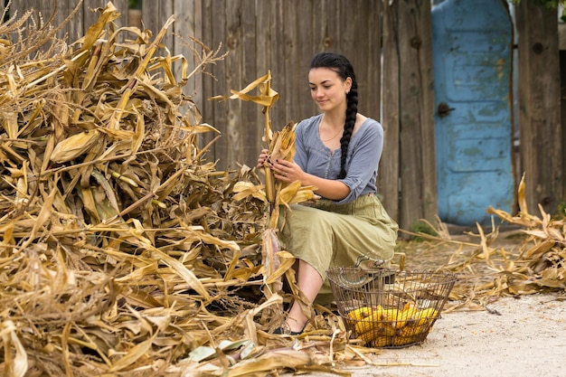 田舎の収穫のトウモロコシの概念を持つセクシーな女の子のヴィンテージの肖像画
